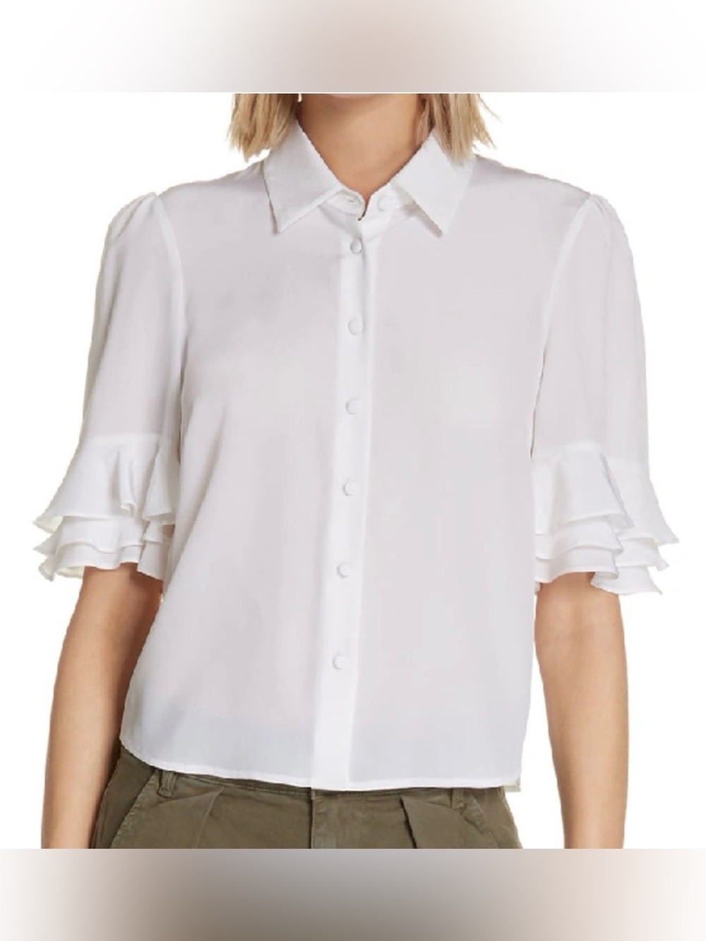 FRAME Silk Ruffle Sleeve White Medium